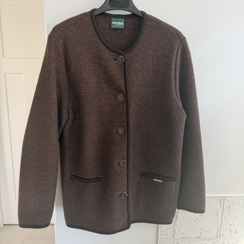 Geiger Brown 100% Wool Cardigan Coat Women's Size 44 US 12-14 Made in Austria